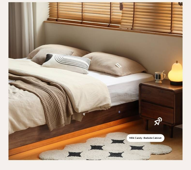 Black Walnut Solid Wood Platform Box Bed, Headboard-Free Bed Night Light Suspended Bed