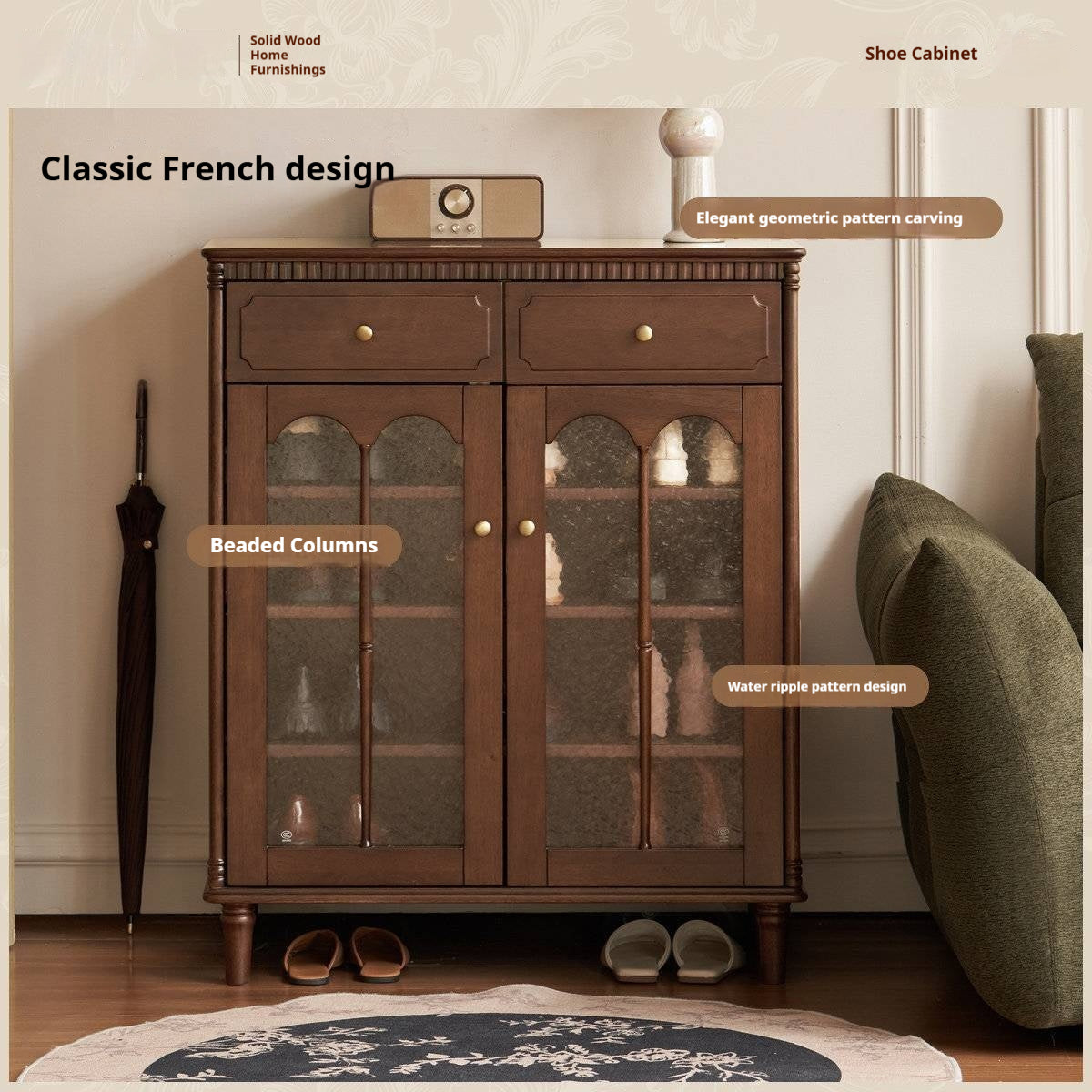 Solid Longan Hardwood French Vintage Shoe Cabinet with Arched Glass Doors and Adjustable Shelves