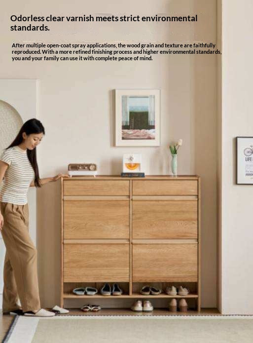 Oak Solid Wood Slim Entryway Shoe Cabinet with Tilt-Out Compartments and Drawers