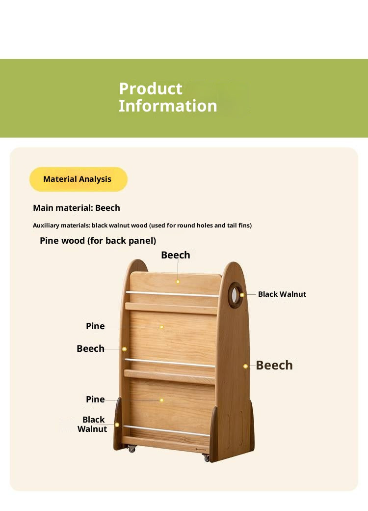 Beech Solid Wood Movable Double-Sided Floor-Standing Storage Children's Rack