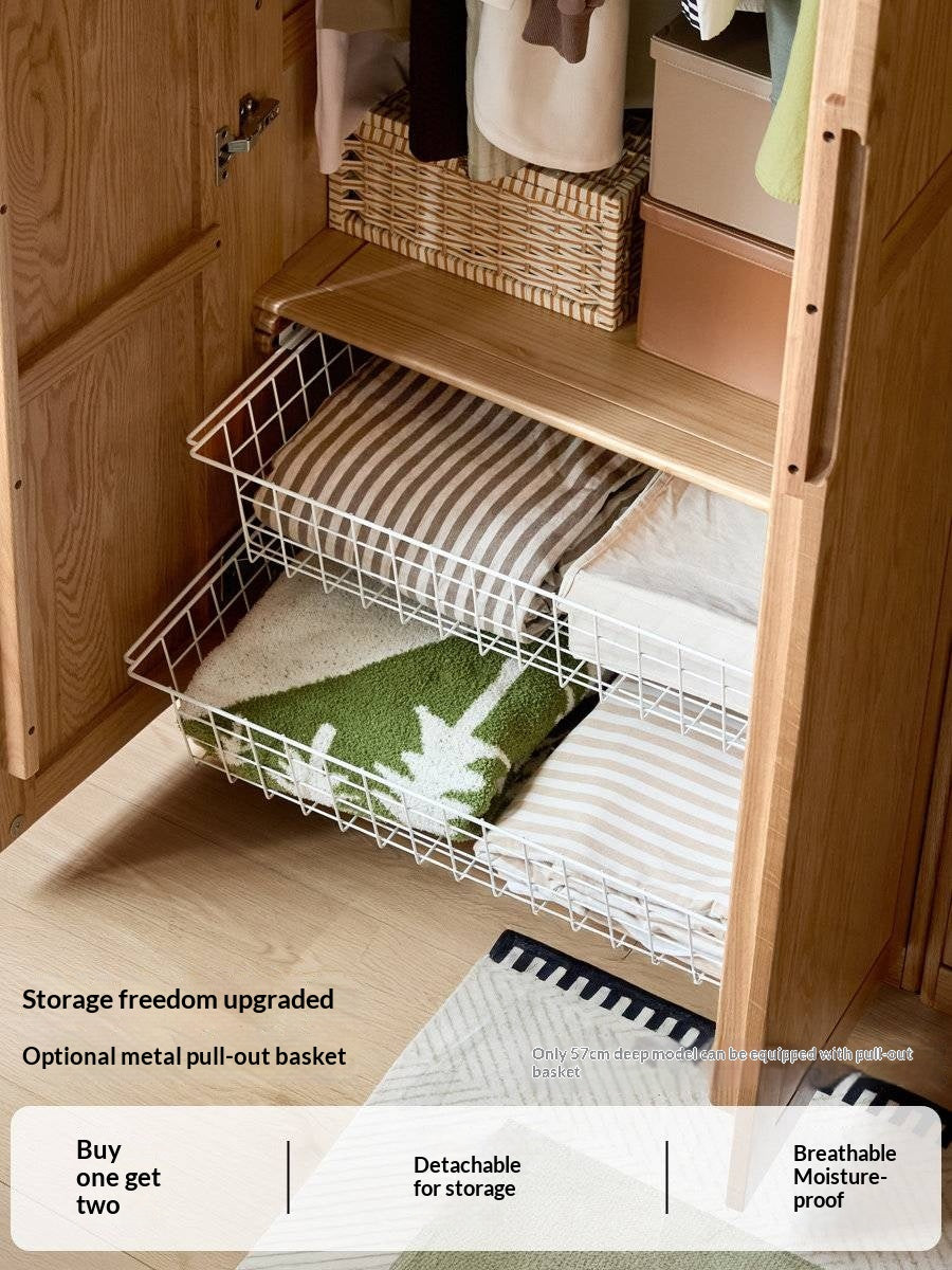 Oak solid wood Wardrobe with Flat Panel Doors and Groove Handles