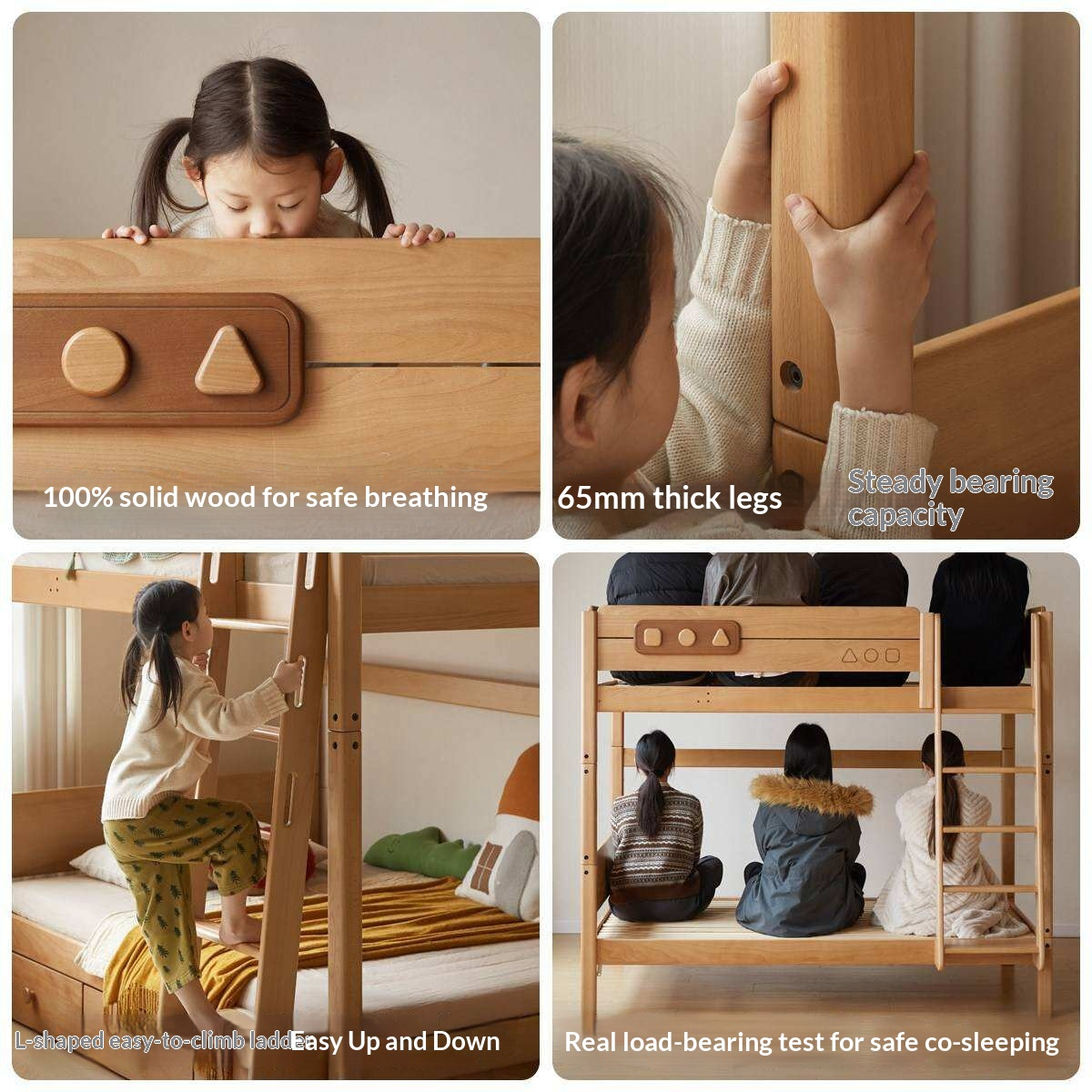 Beech Solid Wood Convertible Bunk Bed with Storage Drawers