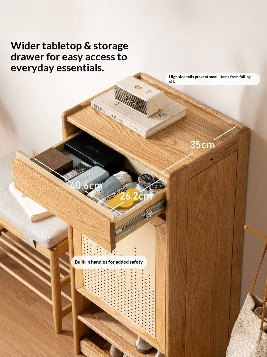 Oak Solid Wood Narrow Shoe Storage Cabinet with Pull-Out Drawer