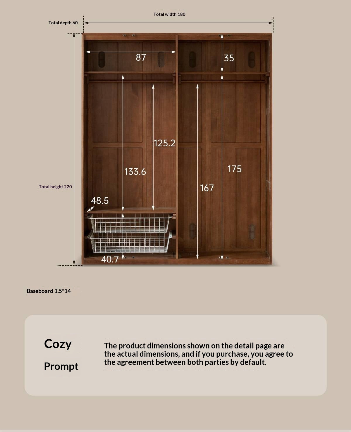 Oak Solid Wood Wardrobe with Italian Light Luxury Style and Double Doors