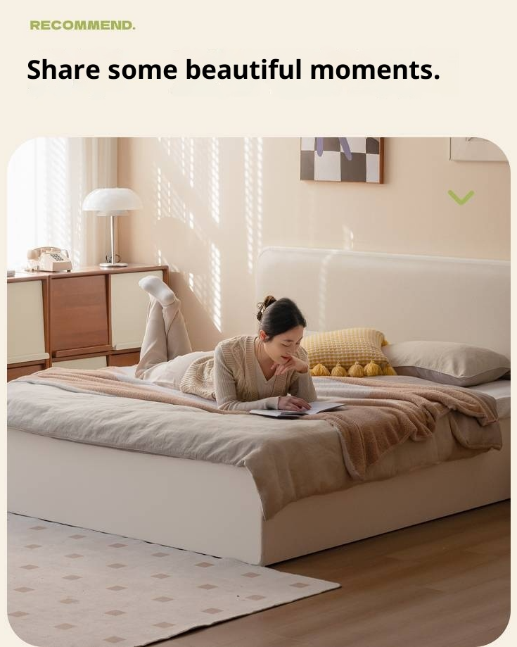 Rubberwood Solid Wood Bed Modern Minimalist Box Bed White Cream Style