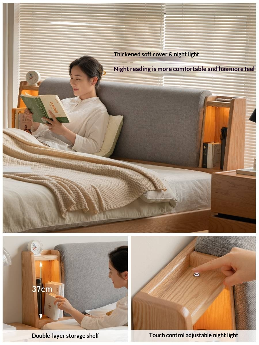 Oak Solid Wood Bed with Genuine Leather and Light Upholstery