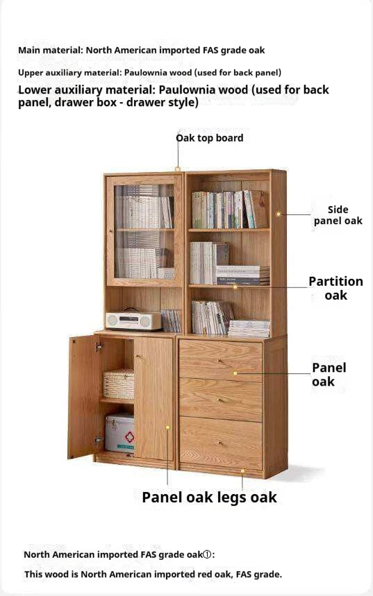 Oak Solid Wood Floor-To-Ceiling Combination Bookshelf, Glass Bookcase