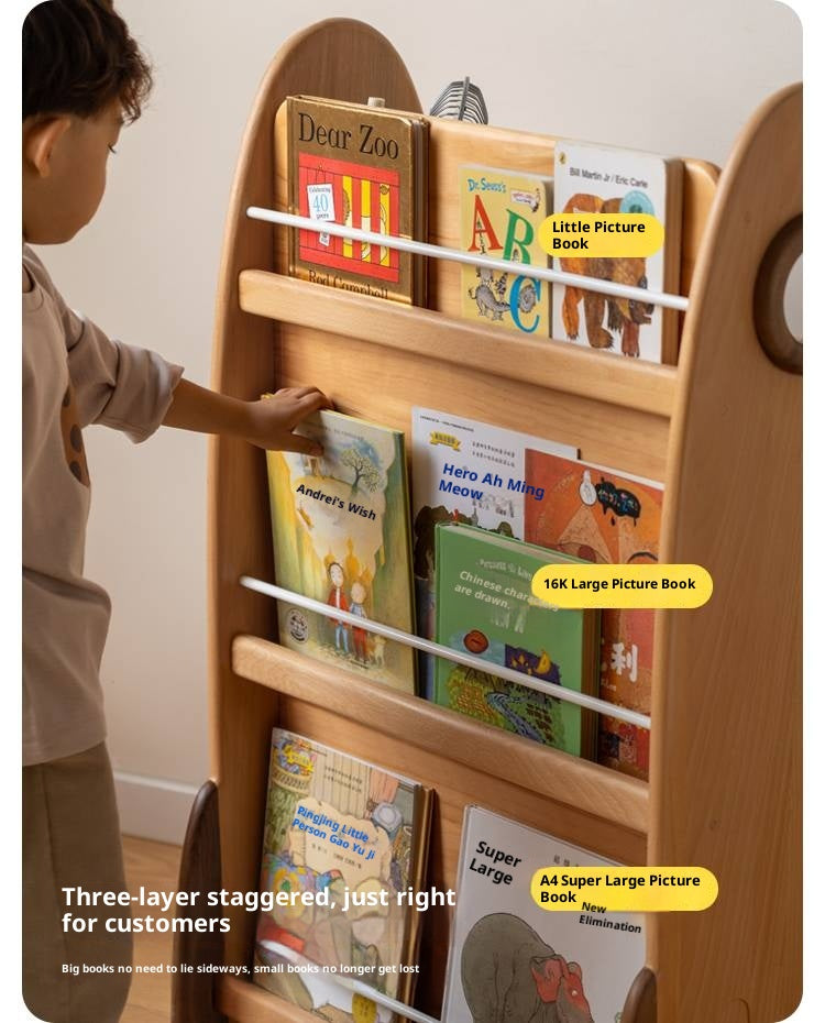 Beech Solid Wood Movable Double-Sided Floor-Standing Storage Children's Rack