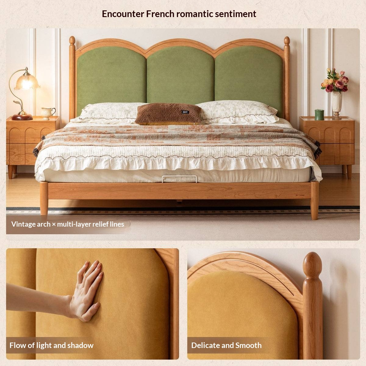 Cherry Wood Solid Wood French Country Bed with Scalloped Arch Panel Headboard