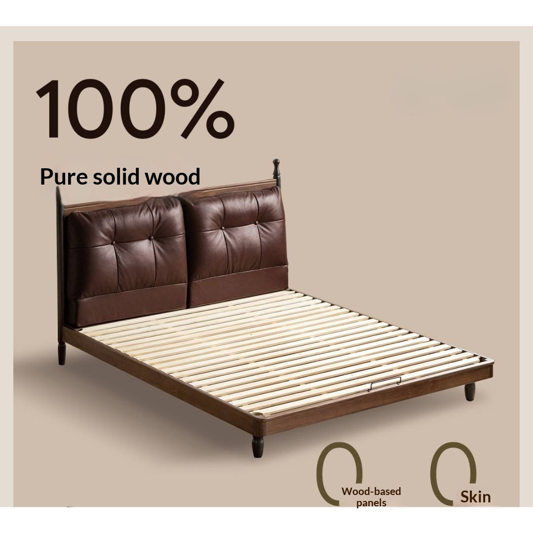 Black Walnut Solid Wood Leather Four Poster Bed with Tufted Headboard