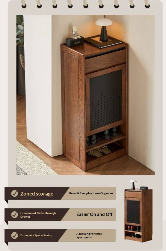 Oak Solid Wood Narrow Shoe Storage Cabinet with Flip-Top Compartment and Perforated Metal Door