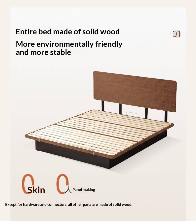 Oak Solid Wood Mid-Century Floating Storage Bed with Lift-Up Storage Box