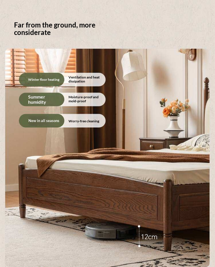 Oak Solid Wood Box Bed with Upholstered Vertical Channel Tufted Arched Headboard