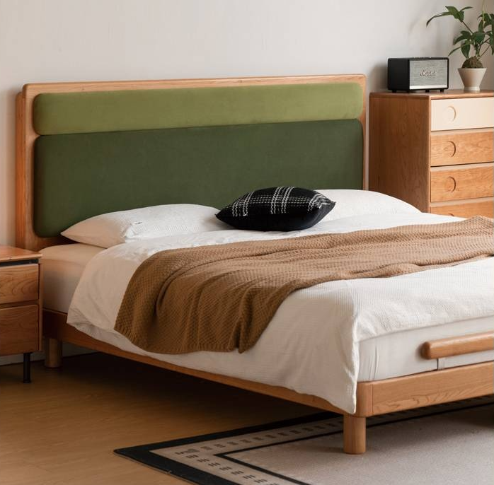 Cherry Solid Wood Fabric Soft Backrest Bed Modern Minimalist