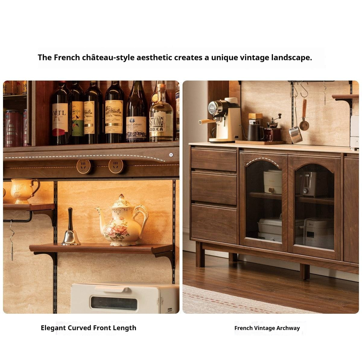 Black Walnut Solid Wood Buffet Cabinet with Retro Style and Rock Board Surface