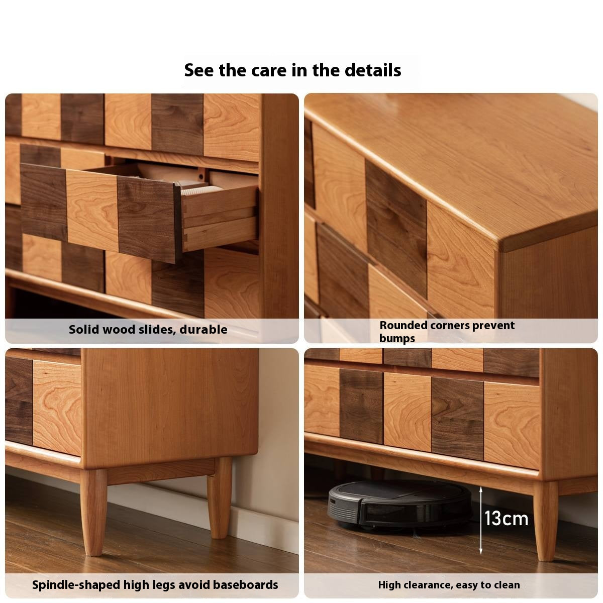 Cherry Solid Wood Retro Chest of Drawers Checkerboard