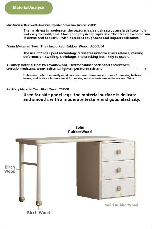 Solid RubberWood Cream Style Retractable Kids Double Desk