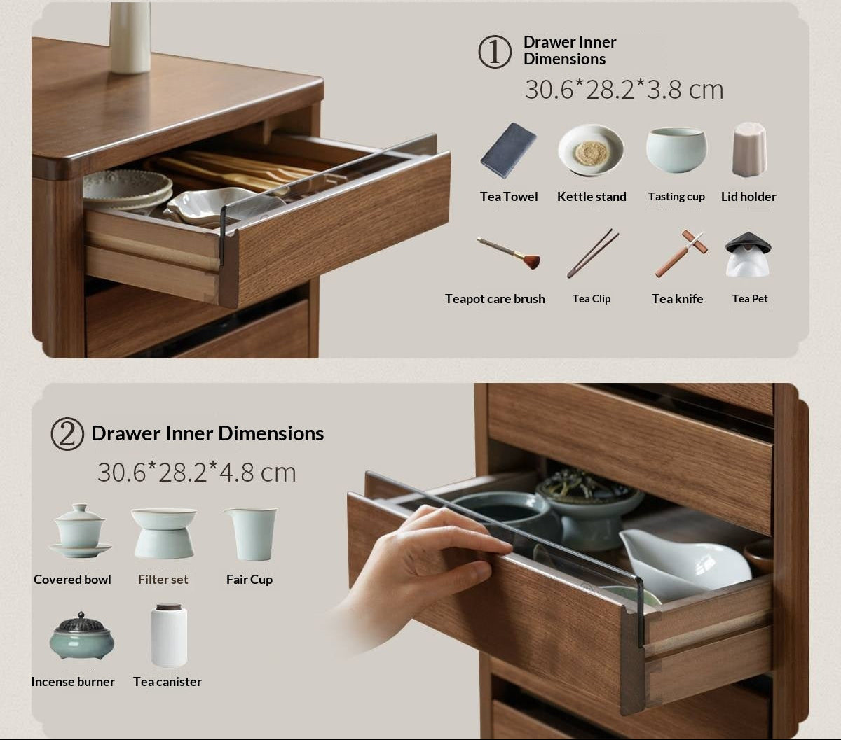 Black Walnut Solid Wood Tea Set Storage Rolling Side Cabinet with Fluted Drawers