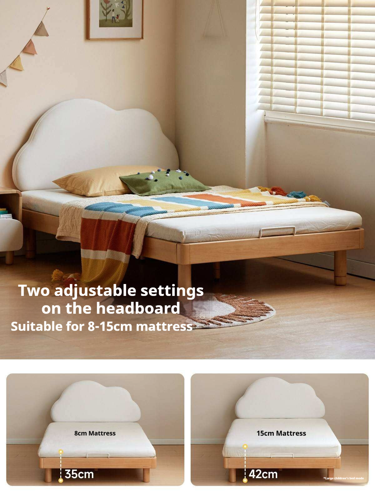 Beech Solid Wood Upholstered Kids Bed with Cloud-Shaped Headboard
