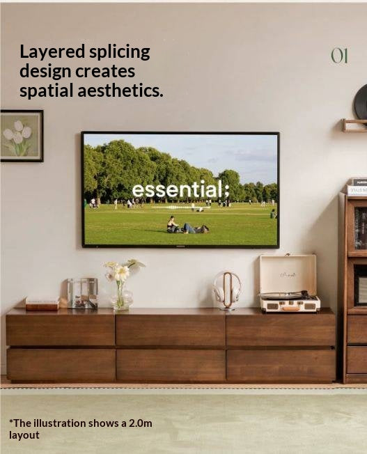 Solid Longan Hardwood Floating Media Console with Push-Open Drawers