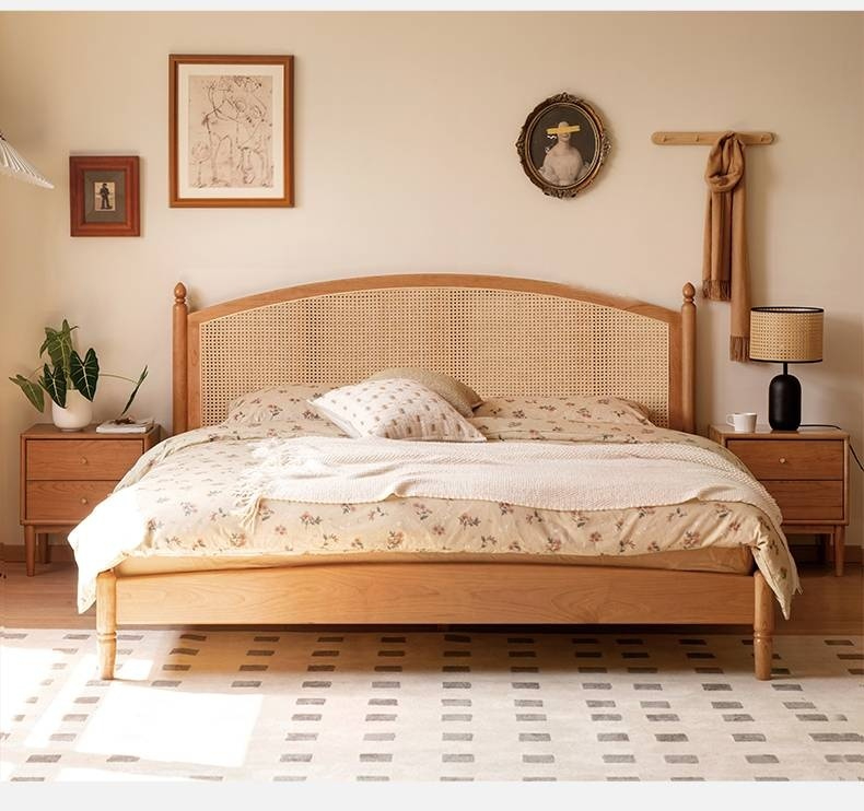 Cherry Solid Wood Rattan Bed Retro