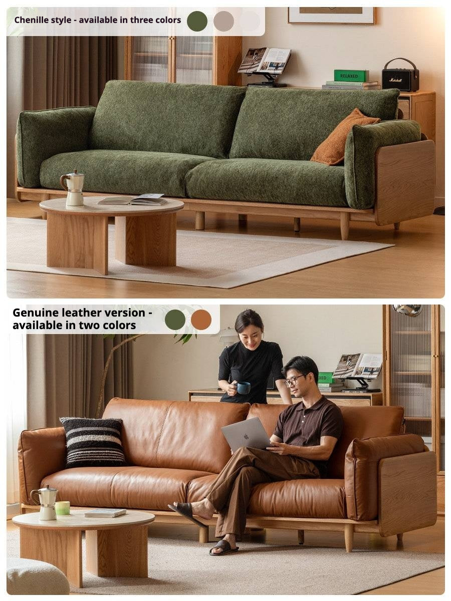 Oak, Ash Solid Wood Sofa with Exposed Wide Arms, High-Back, Genuine leather -fabric
