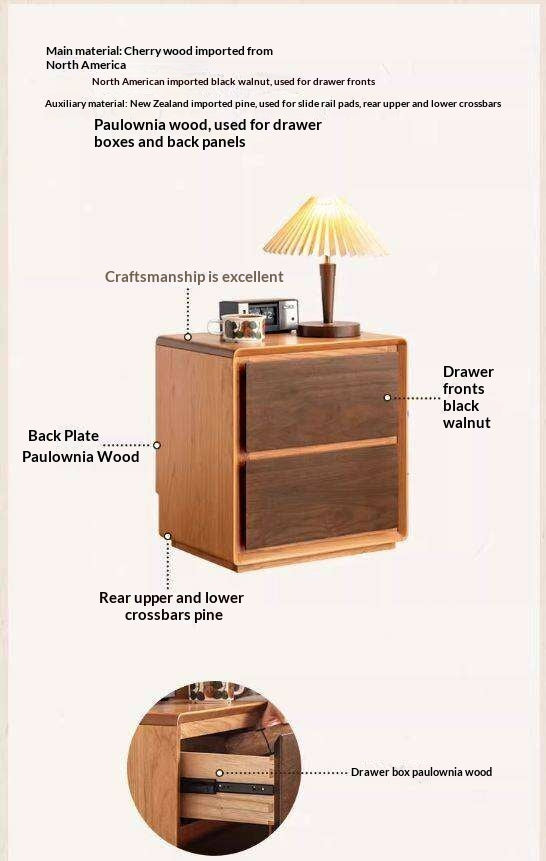 Cherry Solid Wood, Solid Rubberwood Nightstand
