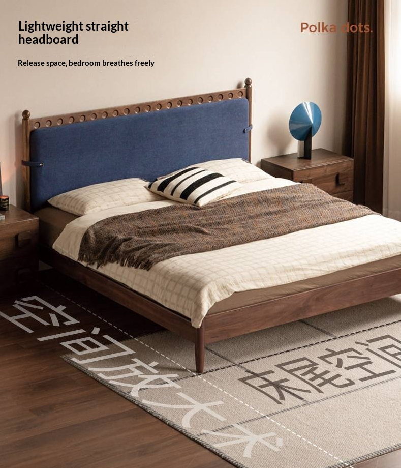 Black Walnut Solid Wood Bed — French Retro Style with Soft Backrest and Genuine Leather Upholstery