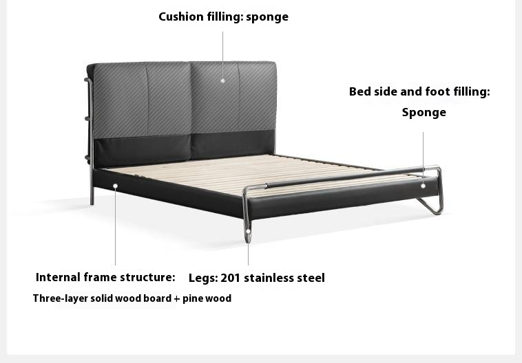 Genuine Leather Italian Style Light Luxury Black Bed