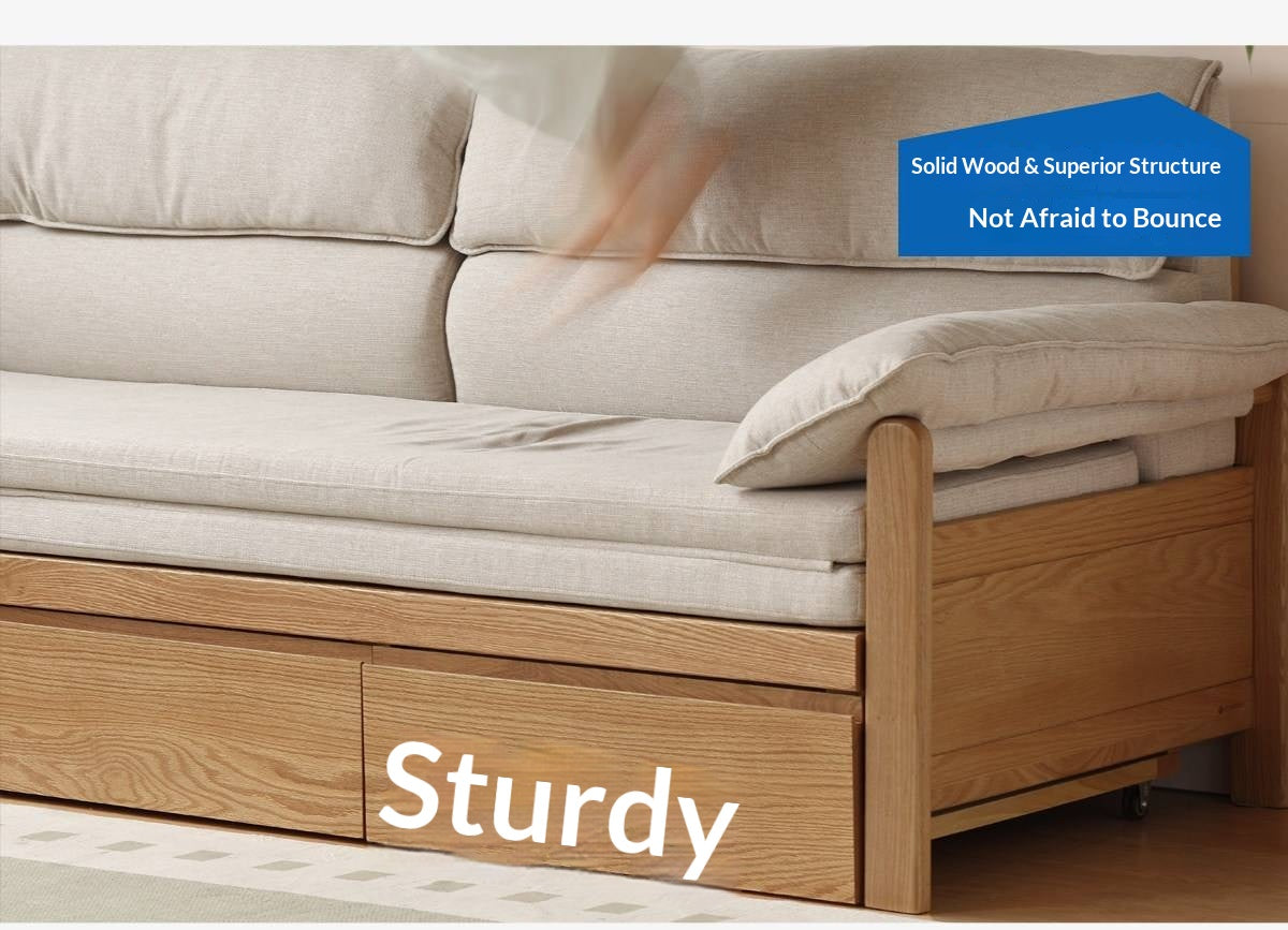 Oak Solid Wood Sofa Bed with Under-Seat Storage Drawers