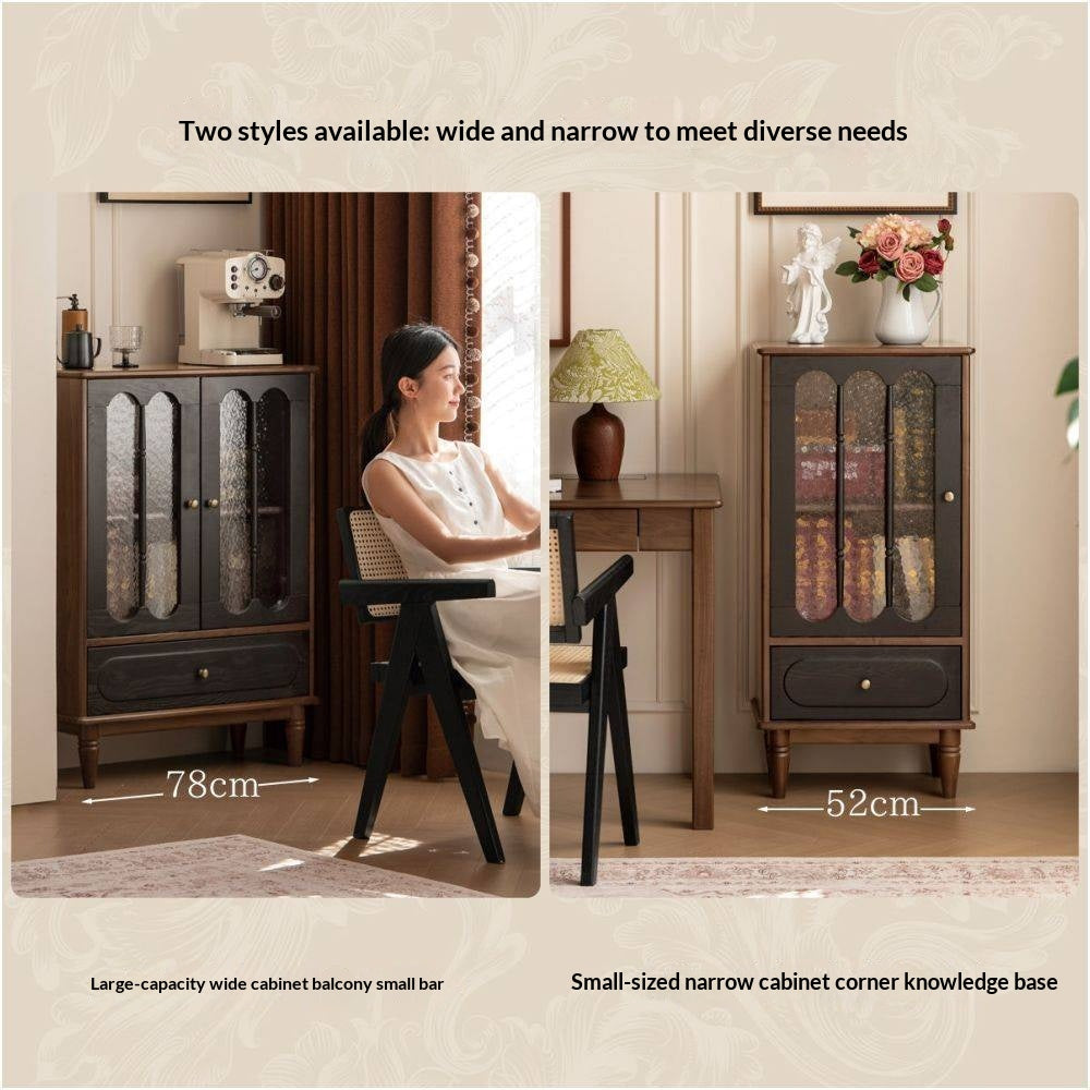 Black Walnut Solid Wood Vintage Curio Cabinet with Rippled Glass Doors and Brass Hardware