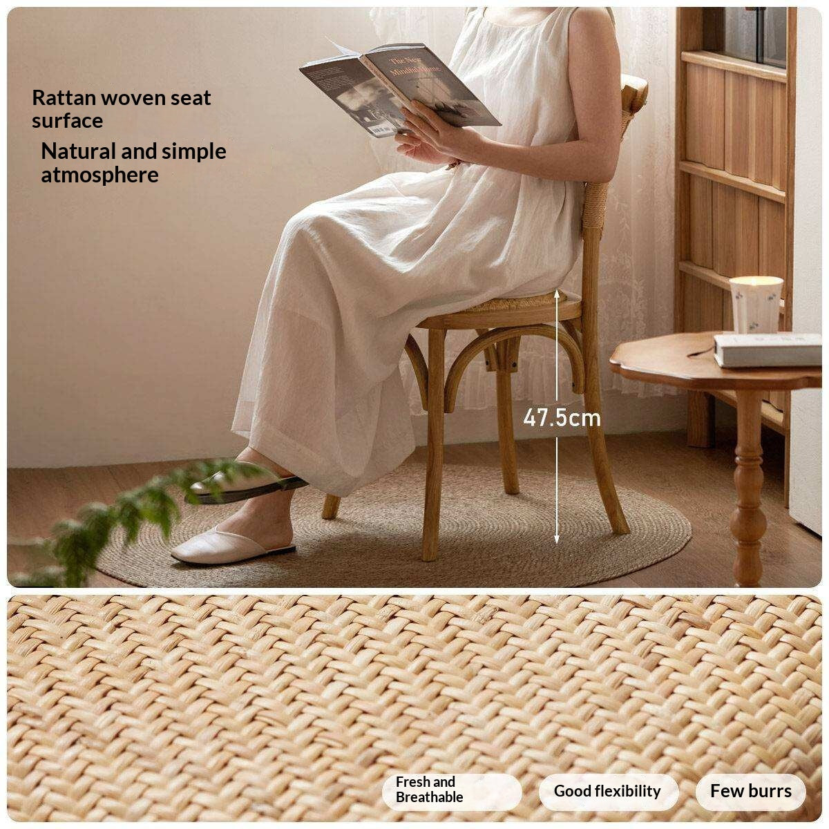 4 pcs -Oak Solid Wood Cane Back Dining Chair, Woven Rattan Side Chair