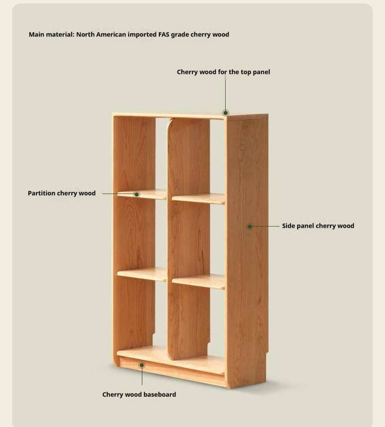 Cherry Solid Wood Freely Combinable Bookshelf with Floor-Standing Grid Design