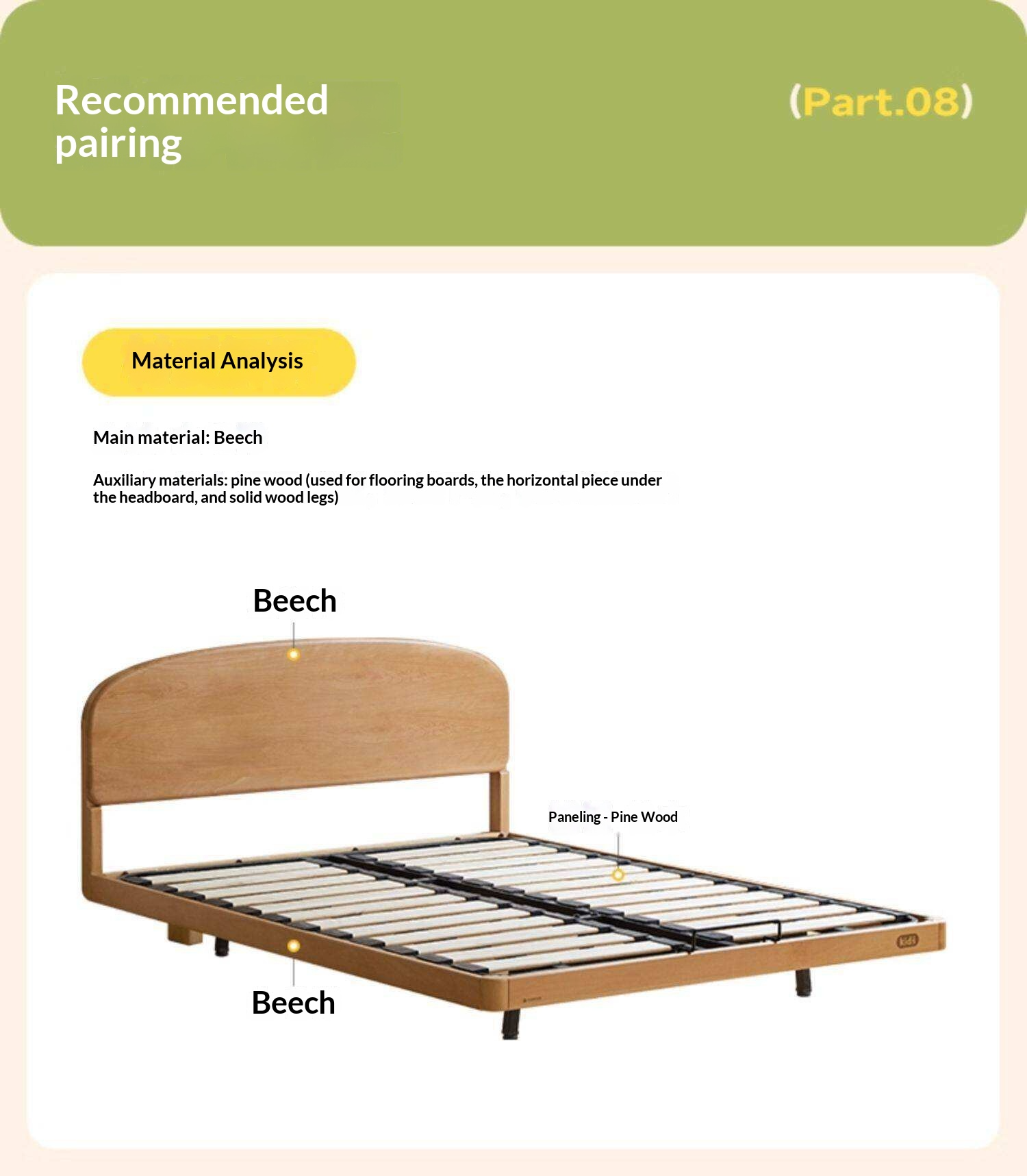 Beech Solid Wood Kids Platform Bed with Rounded Headboard