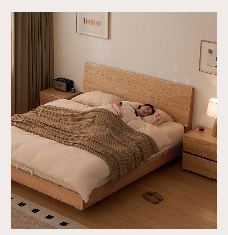 Oak Solid Wood Bed — Modern Minimalist Slab Box Design