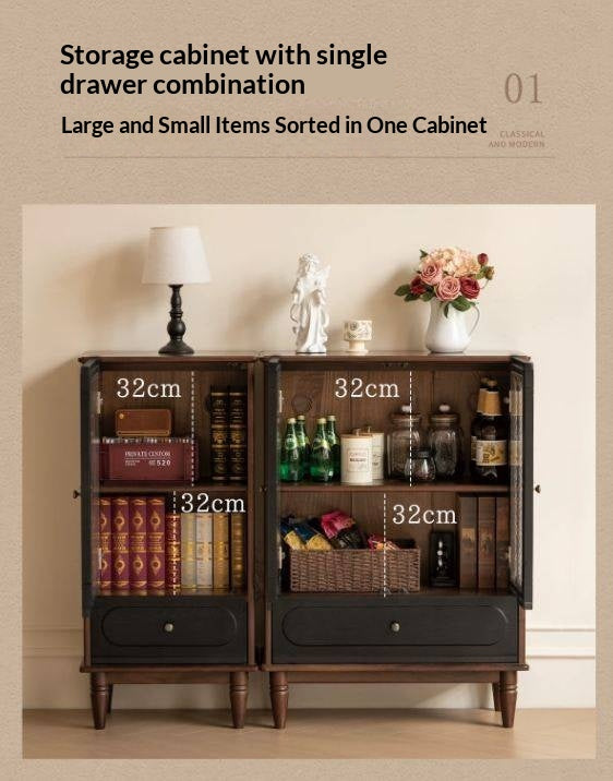 Black Walnut Solid Wood Vintage Curio Cabinet with Rippled Glass Doors and Brass Hardware