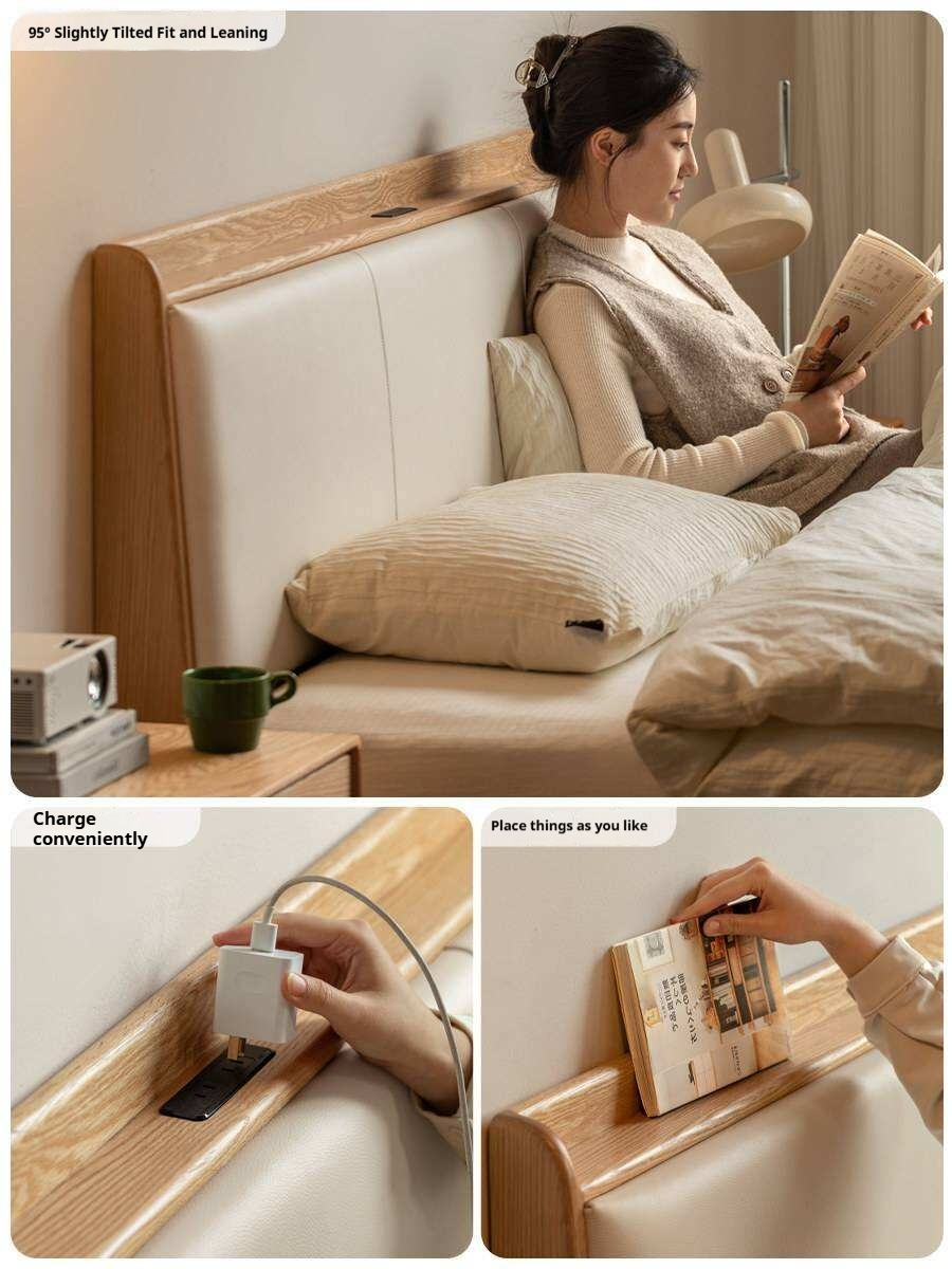 Ash Solid Wood Genuine  Leather High Soft Back Bed