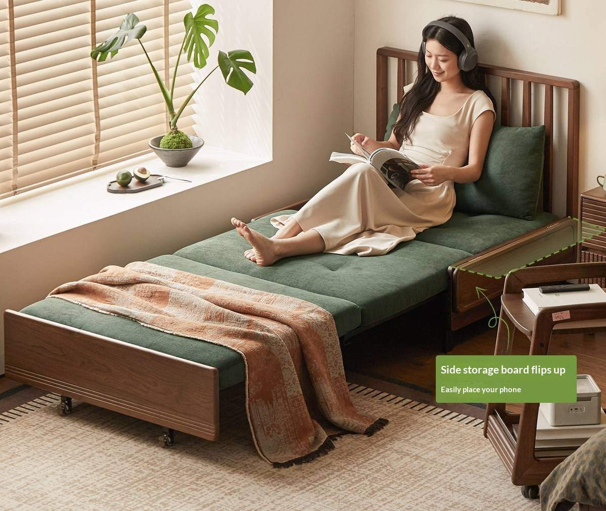 Black Walnut, Oak Solid Wood Sleeper Chair-sofa Bed with Attached Fold-Out Side Tray