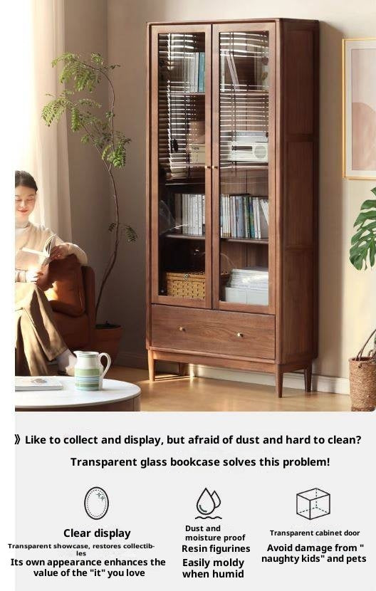 Black Walnut Solid Wood Bookcase With Glass Door