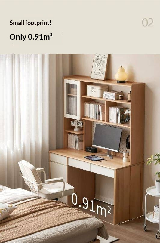 Beech Solid Wood Desk Bookshelf Integrated Study