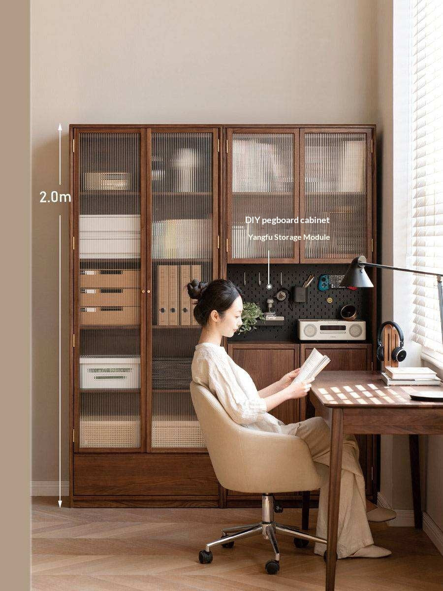 Black Walnut Solid Wood Bookcase Display Glass Door Storage Cabinet