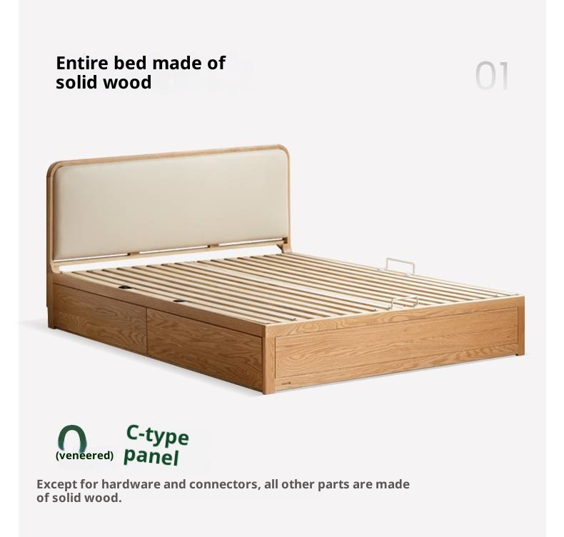Oak Solid Wood Genuine Leather,  Eco-leather Box Bed