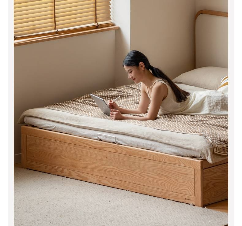 Oak Solid Wood Genuine Leather,  Eco-leather Box Bed