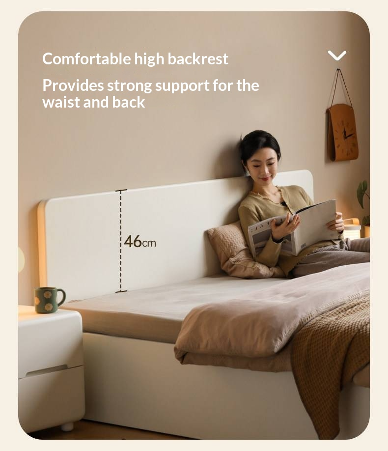 Rubberwood Solid Wood Bed — Modern Minimalist White Box Design