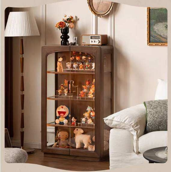 Black Walnut Solid Wood Side Cabinet with LED Lighting and Glass Panels