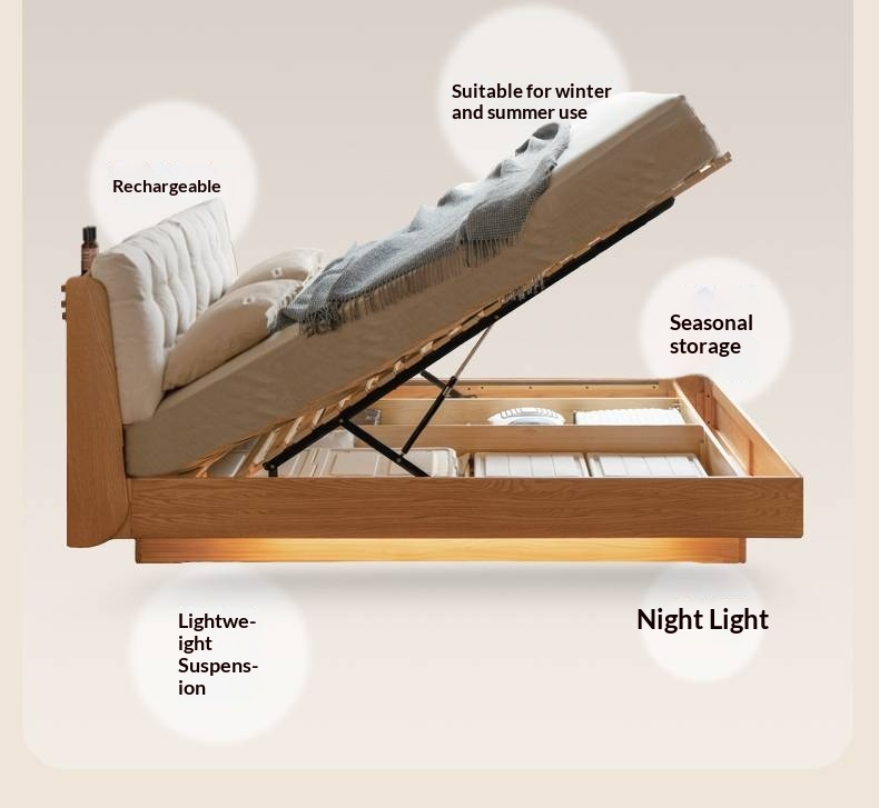 Oak Solid Wood with Upholstered Headboard Luminous Box Bed Cream Style