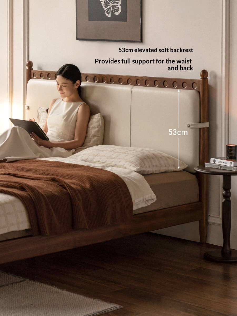 Black Walnut Solid Wood Bed — French Retro Style with Soft Backrest and Genuine Leather Upholstery