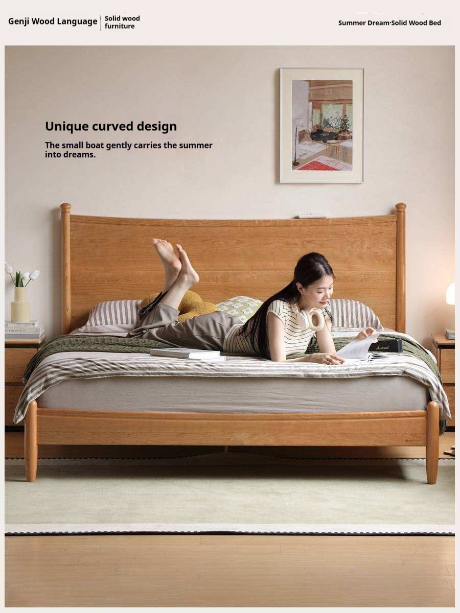Cherry Solid Wood Nordic Platform Bed with Curved Panel Headboard