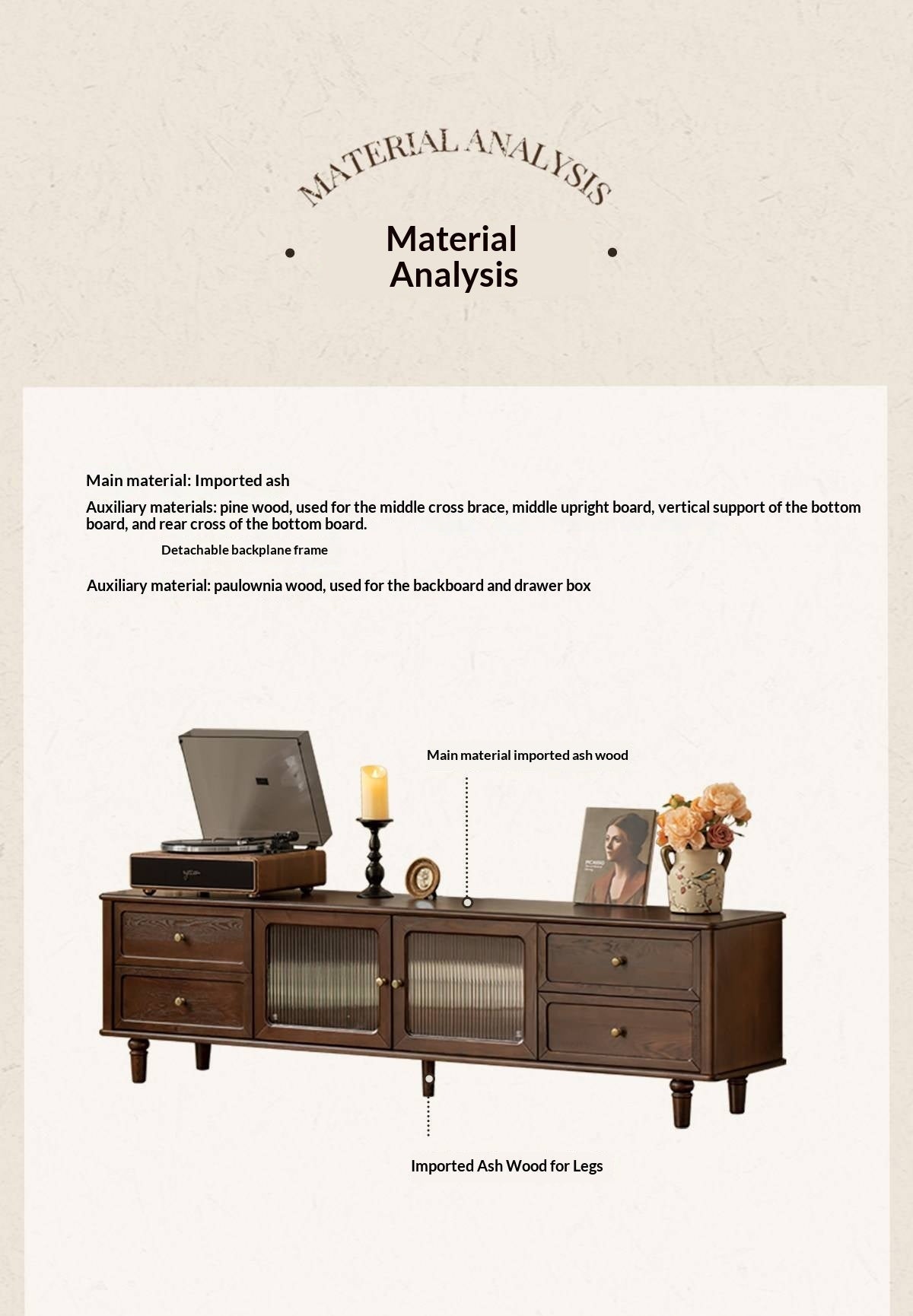 Ash Solid Wood Vintage TV Console with Fluted Glass Doors