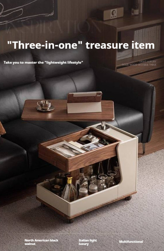 Black Walnut Solid Wood Liftable Rotating Mobile Side Table